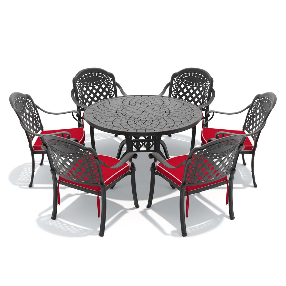 English Elm 7-piece Cast Aluminum Outdoor Dining Set with Carved Relief Chairs and Stackable Design W1710S00634