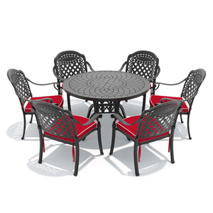 English Elm 7-piece Cast Aluminum Outdoor Dining Set with Carved Relief Chairs and Stackable Design W1710S00634
