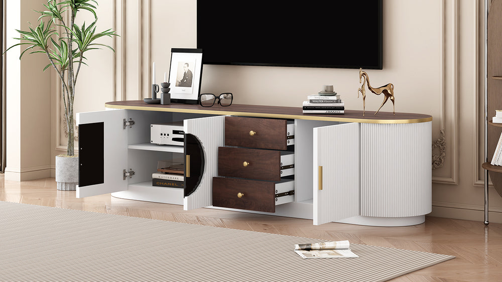 English Elm VIBE Elegant 70.8" Modern TV Stand with Gold Accents, Glass Cabinets, 3 Drawers & Cable Management White SJ000131AAK