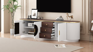 English Elm VIBE Elegant 70.8" Modern TV Stand with Gold Accents, Glass Cabinets, 3 Drawers & Cable Management White SJ000131AAK