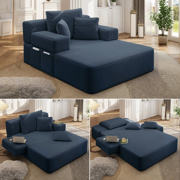 English Elm Luxurious Corduroy Convertible Chaise Lounge Sofa Bed with Storage and Coil Spring Foam Blue W3219P483087