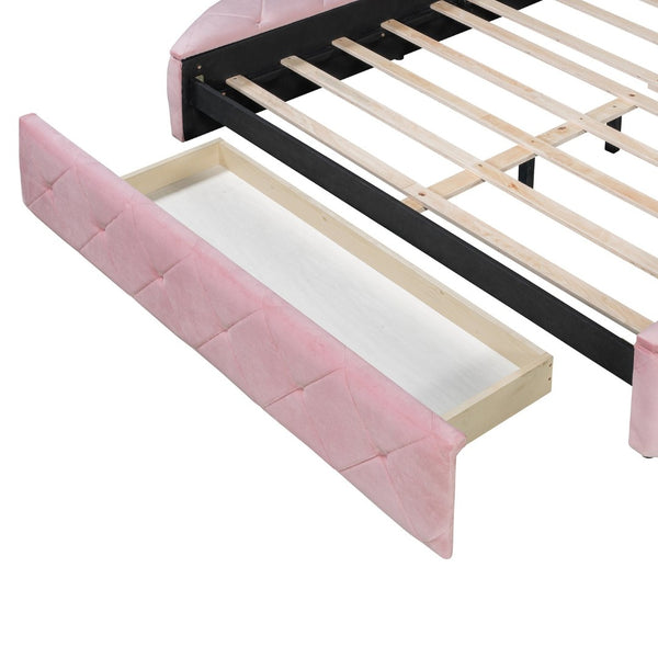 English Elm Upholstered Queen Platform Bed Velvet Wingback Frame with Storage Drawer and Side Stools Pink LP200815AAH