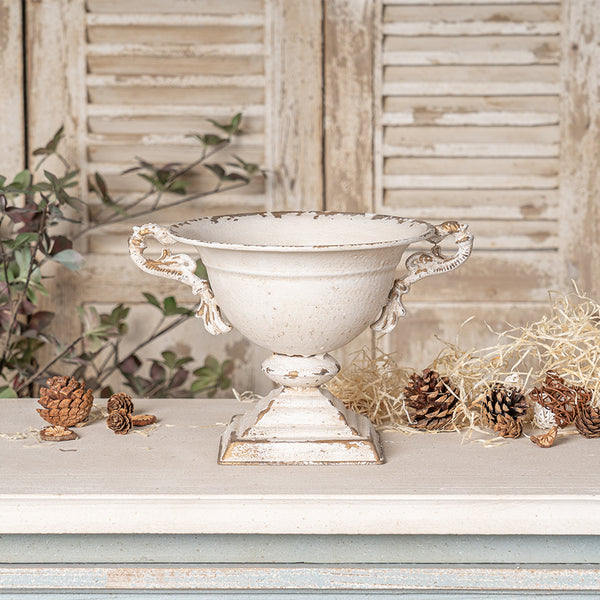 English Elm Vintage Double-Handled Flower Pot Off-White Metal Rustic Charm for Home, Garden, Gift, 10x9 in W2946P243926