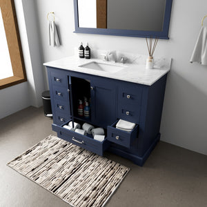English Elm Navy Single Bath Vanity 48" W x 22" D with Carrara Marble Top, Soft-Close Drawers & Chrome Faucet Set B2731P258357