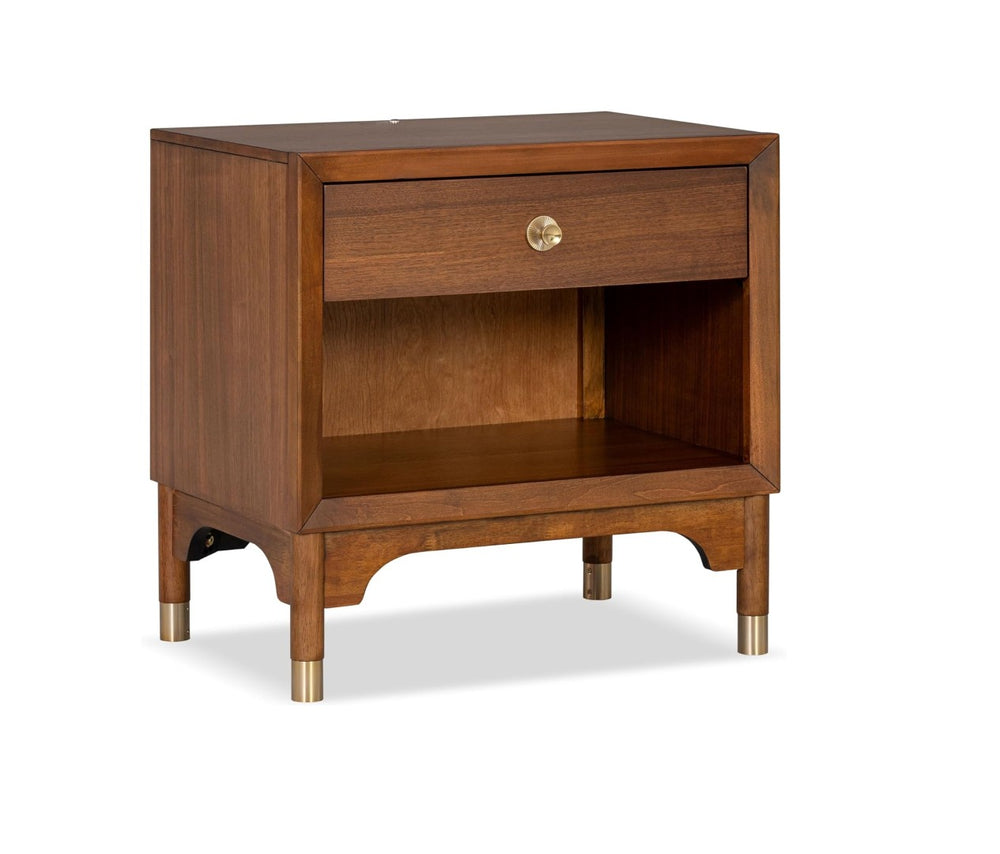 English Elm Mid Century Modern Walnut Nightstand Rubberwood Usb Port Gold Tapered Legs Bedroom B2741P433338