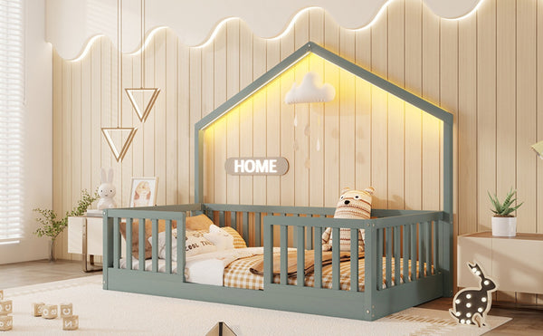 English Elm Twin Montessori Floor Bed House Frame with Led Lighting and Safety Rails for Kids Grey W2593P440597