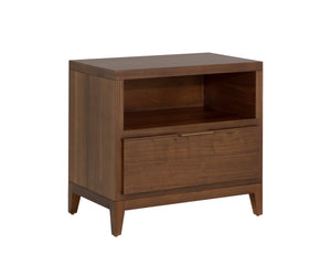 Sunpan Dimico Mid-Century Nightstand with Walnut Veneer & Rustic Bronze Handle – Timeless Elegance!