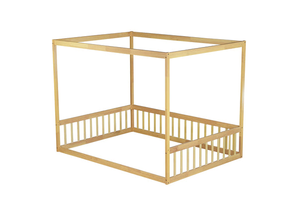 English Elm Full Size Canopy Floor Bed In Natural Rubberwood With Guardrails - Perfect For Kids' Imagination! W504P345756