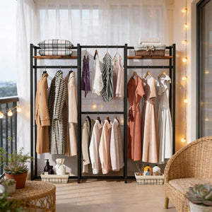 English Elm Portable Freestanding Wardrobe Organizer with Metal Frame and Rustic Shelving for Bedroom T3971P449801
