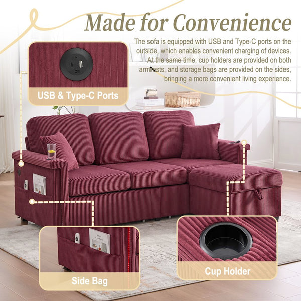 English Elm UNITED Corduroy L-Shaped Sectional Sofa with Storage Ottoman, USB Ports, Cup Holders & LED Lighting WINE RED W1568P332410