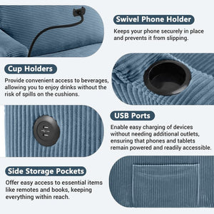English Elm 72.8" Corduroy Sleeper Sofa Loveseat with Full Mattress, USB Charging, Cup Holders, Storage Pockets Navy Blue N719P208880C