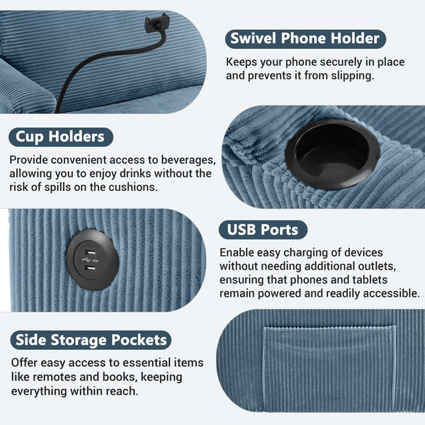 English Elm 72.8" Corduroy Sleeper Sofa Loveseat with Full Mattress, USB Charging, Cup Holders, Storage Pockets Navy Blue N719P208880C