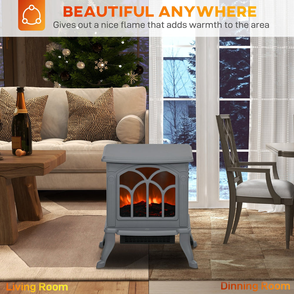 English Elm HOMCOM Freestanding Electric Fireplace Stove with Realistic Flame, 750/1500W Heat, Safety Features Gray W2225P229239