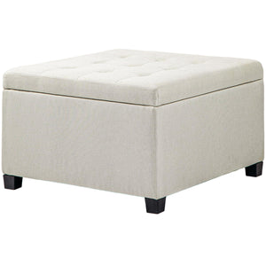 English Elm HOMCOM Tufted Fabric Storage Ottoman with Flip-Top Lid, Eucalyptus Frame, Soft Cushioned Seat, 28" Beige W2225P217742