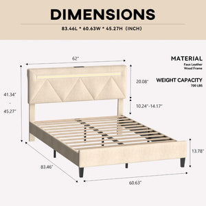 English Elm Queen Bed Frame With Headboard - Upholstered Platform Design, Led Lights, Charging Station & Easy Setup T3825P365854-GIGA