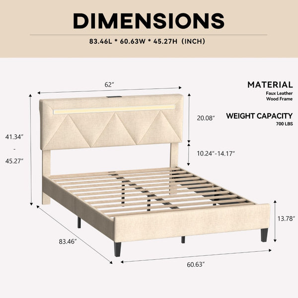 English Elm Queen Bed Frame With Headboard - Upholstered Platform Design, Led Lights, Charging Station & Easy Setup T3825P365854-GIGA