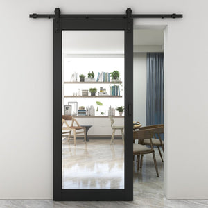 English Elm 30 in Matte Black Steel Sliding Barn Door Frosted Glass Privacy Panel with Hardware Black B2763P483225