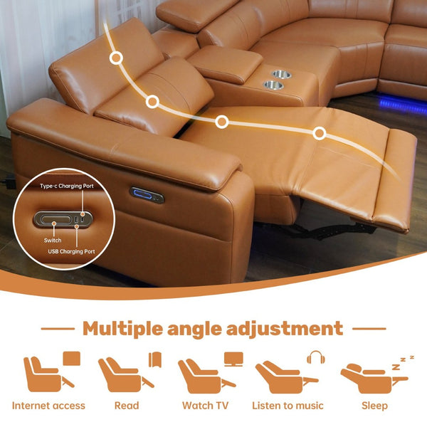 English Elm Power Reclining Sectional with Bluetooth Audio Led Lighting and Wireless Charging Tech Leather Brown W3795S00019