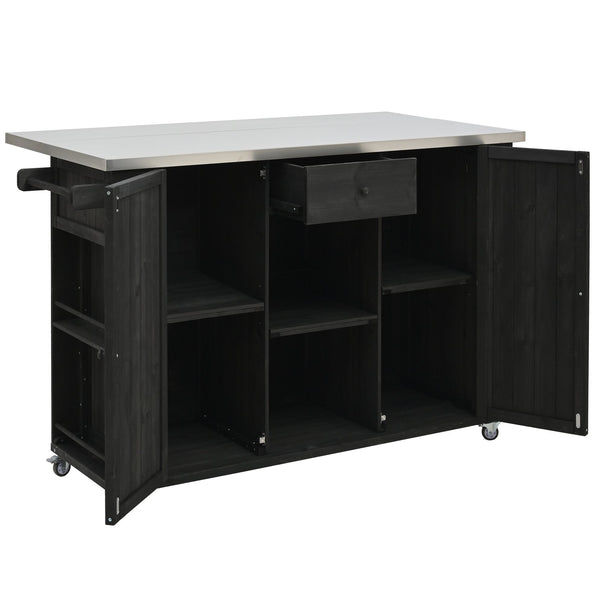 English Elm Outdoor Kitchen Island Solid Fir Wood with Foldable Stainless Top, Ample Storage, Wheels, Opener Black N719P246553B