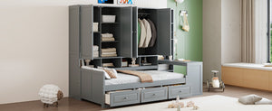 English Elm Twin Size Wooden Daybed With Integrated Desk, Storage Drawers, And Shelves - Stylish Gray Design! N820S00054E-GIGA