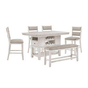 English Elm 6pc Farmhouse Counter Dining Set Acacia Veneer Table Wine Rack Upholstered Bench Chairs B011S02066