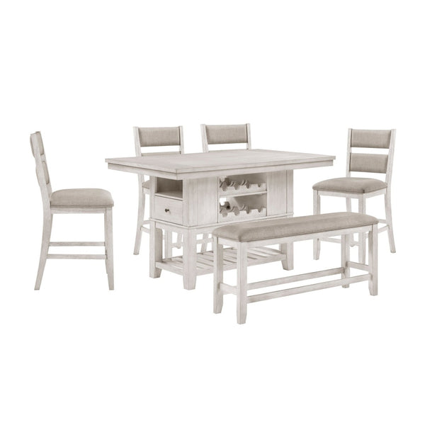 English Elm 6pc Farmhouse Counter Dining Set Acacia Veneer Table Wine Rack Upholstered Bench Chairs B011S02066