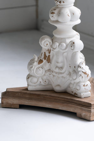English Elm D26x31" Antique White Round Side Table with Carved Floral Pedestal, Fir Wood Vintage Elegance W2078P410106