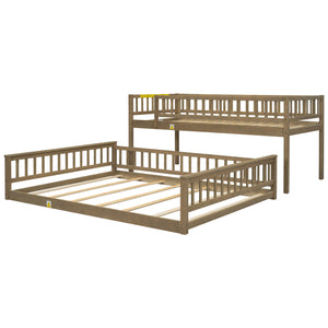 English Elm Twin Twin XL over Queen bunk bed with ladder and guardrails, sturdy pine MDF frame for small rooms Walnut GX000464AAD