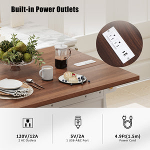 English Elm K&K 46.5'' Farmhouse Kitchen Island Cart with Beaded Drapes, Drop Leaf, Power Hub, Ample Storage White N707P254872W