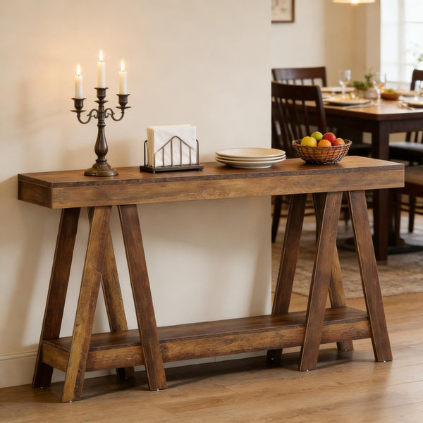 English Elm Hall Console Table Industrial Rustic Two Tier Wood Tone Metal Frame Entryway Sofa T3971P452393