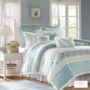 English Elm King Dawn 9-Piece Cotton Percale Duvet Cover Set — Paisley Pintuck with Lace Trim, Ruched Flange, OEKO-TEX Certified B03597320