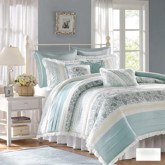 English Elm King Dawn 9-Piece Cotton Percale Duvet Cover Set — Paisley Pintuck with Lace Trim, Ruched Flange, OEKO-TEX Certified B03597320
