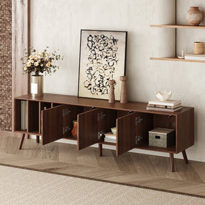 English Elm 68" Mid-century Walnut Media Console with Open Shelves and Soft-close Cabinet Storage N710P446195P