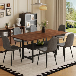 English Elm Table Set With Walnut Grain Dining Table & 6 Dark Gray Linen-Cotton Chairs For Modern Homes W1151S04294-GIGA