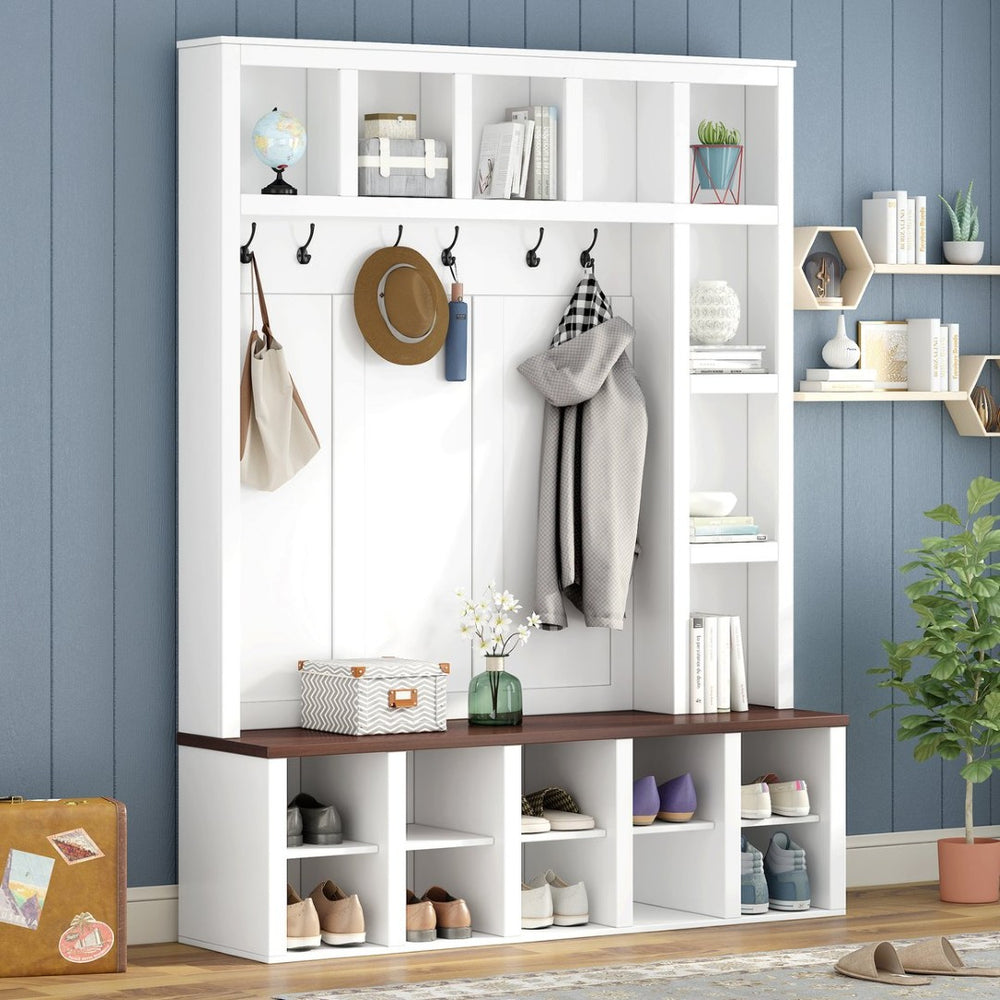English Elm Farmhouse Hall Tree with Triple Arch Back Panel Eight Hooks Drawers and Entryway Bench N721S000044K-1