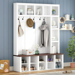 English Elm Farmhouse Hall Tree with Triple Arch Back Panel Eight Hooks Drawers and Entryway Bench N721S000044K-1