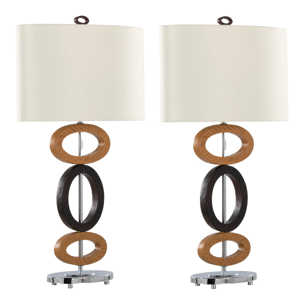 English Elm Hoops 29" Polyresin Table Lamp Set of 2 — Cedar Wood & Bronze Hoop Base, Chrome Accents, White Linen Shade B202P224120