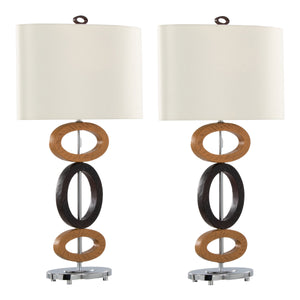 English Elm Hoops 29" Polyresin Table Lamp Set of 2 — Cedar Wood & Bronze Hoop Base, Chrome Accents, White Linen Shade B202P224120