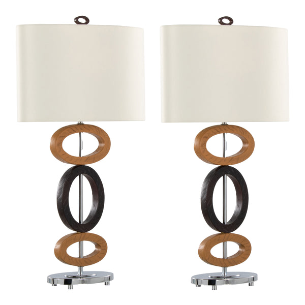 English Elm Hoops 29" Polyresin Table Lamp Set of 2 — Cedar Wood & Bronze Hoop Base, Chrome Accents, White Linen Shade B202P224120