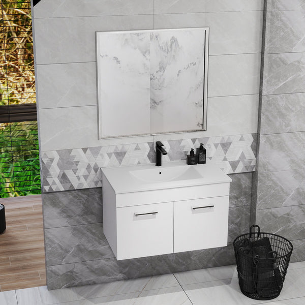 English Elm 32-Inch Bathroom Vanity Combo With Mirror & Sink - Wall-Mounted, Soft-Close Doors, Glossy White Finish W3151S00027