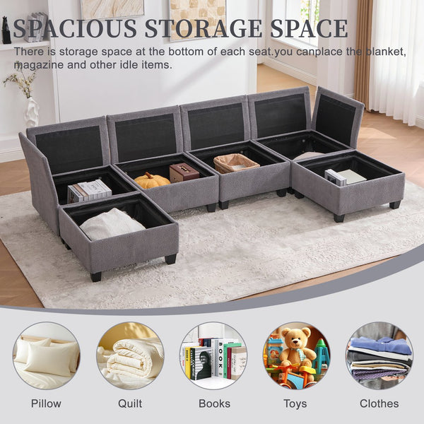 English Elm UNITED Modular 6-Seat Sectional Sofa with Removable Ottoman, Storage Compartments, Convertible Comfort Gray W1568S00245