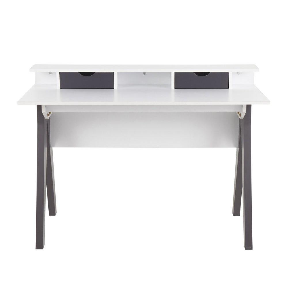 English Elm Wishbone Contemporary Desk with White Top & Grey Accents by LumiSource — Raised Shelf, 2 Drawers, Stylish Home Office Solution B202P223973