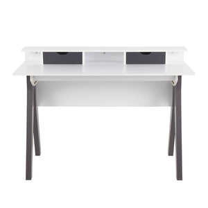 English Elm Wishbone Contemporary Desk with White Top & Grey Accents by LumiSource — Raised Shelf, 2 Drawers, Stylish Home Office Solution B202P223973