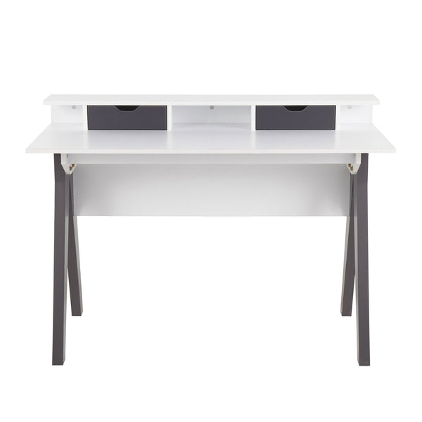English Elm Wishbone Contemporary Desk with White Top & Grey Accents by LumiSource — Raised Shelf, 2 Drawers, Stylish Home Office Solution B202P223973