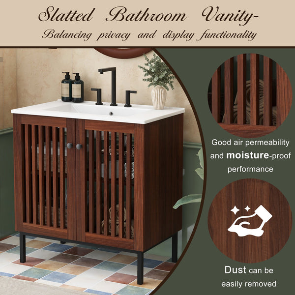 English Elm Christopher Knight Home® - 30" Vintage Bathroom Vanity with Rectangle Ceramic Sink, Rubber Wood Legs, Soft-Close Doors, Adjustable Shelves Antique brown,Dark Brown N817P245324B