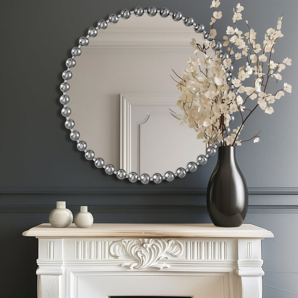 JLA Home Madison Park Signature - 27" Beaded Metal Round Wall Mirror with Matte Frame, HD Glass, Vintage-Modern Accent for Entryways Silver MPS160-339