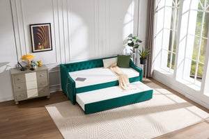 English Elm Twin Velvet Daybed with Pull Out Trundle Tufted Back Usb Port and Side Pockets Emerald W1361S00038