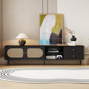 English Elm 70" Mid Century TV Stand with Rattan Doors, 2 Soft-Close Drawers & Open Shelves, Textured Woodgrain Finish, Durable MDF Frame and Solid Wood Legs for Living Room Entertainment (Fits TVs up to 80") N710P295759B