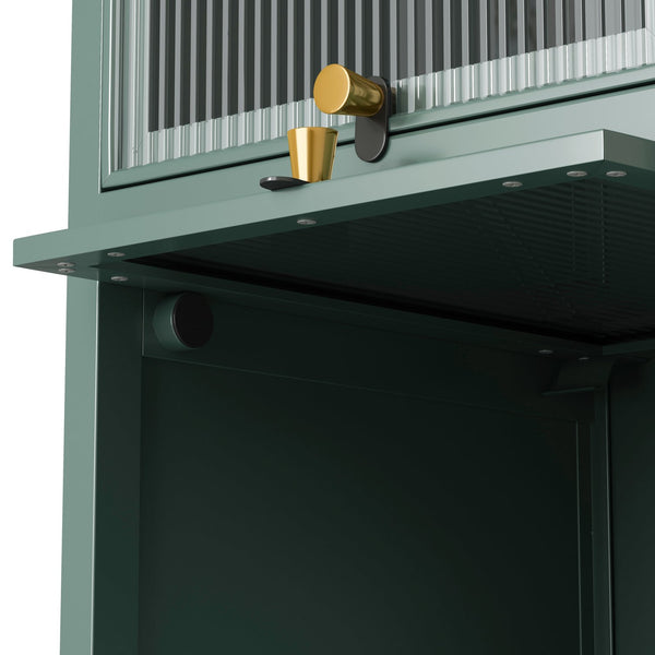 English Elm Modern Four-tier Glass Door Cabinet with Slim Iron Frame, Five Shelves, Heavy-Duty 33lb Capacity Dark Green W757P241563