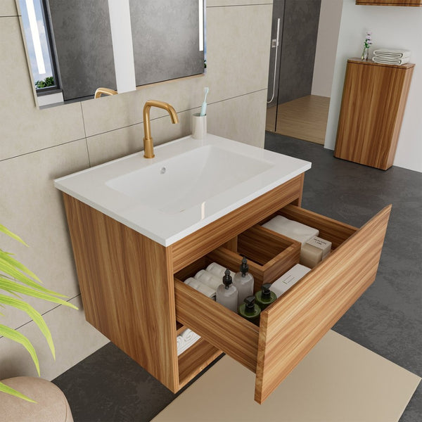 English Elm 24 Inch Floating Bathroom Vanity Fluted Walnut Cabinet with Ceramic Sink Modern W3520S00041